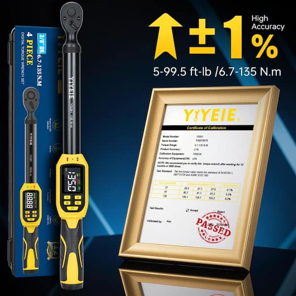 3/8 in. Drive Digital Torque Wrench, 5-99.5 ft-lb Range, Plus/Minus 1% High Precision, Smart Multi-Alert System