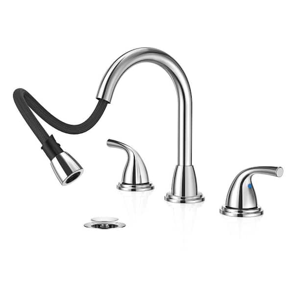 8 in. 2-Handles 3-Hole Pull Out Bathroom Faucet, with Pop Up Drain and Water Supply Line.