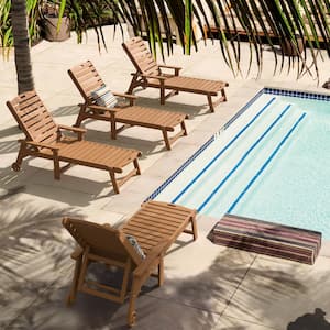 Oversized Plastic Outdoor Chaise Lounge Chair with Wheels and Adjustable Backrest for Poolside (set of 4)-Teak Brown