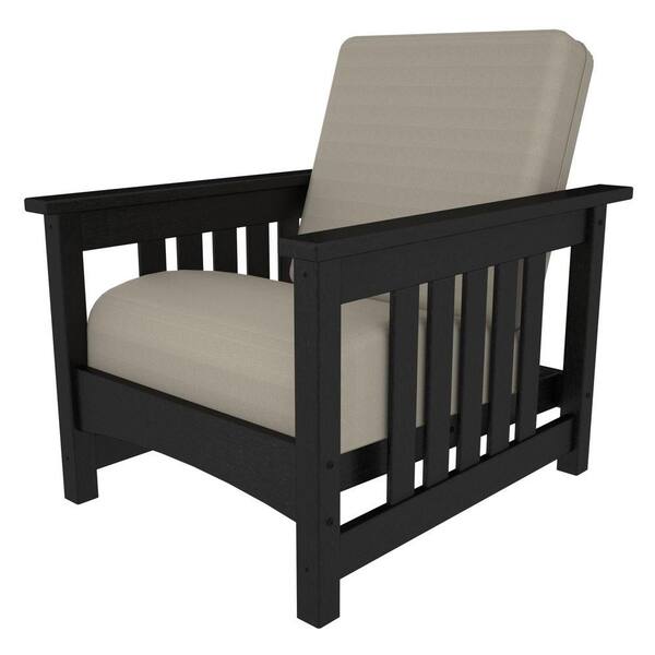 POLYWOOD Mission Black All-Weather Plastic Outdoor Chair with Bird's Eye Cushions