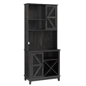 Home Source Charcoal Microwave Stand with Open-Shelves and Wine Rack