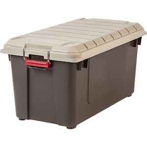 82 qt. Stackable Storage Tote, with Heavy-duty Red Buckles and Beige Lid, in Brown