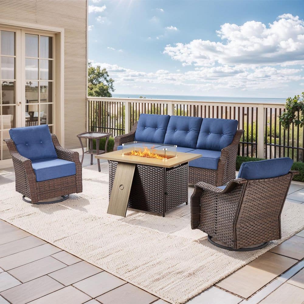 Henn 5-Piece Wicker Patio Conversation Set with Fire Pit Table and Swivel Glider Chairs with Blue Cushions price history on PriceWatchPro