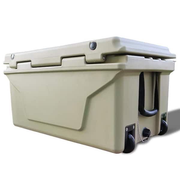 Khaki 65 qt. Portable Chest Cooler, Leak-Proof Outdoor Insulated Cooler with Grip and Wheels for Camping, Beach, Boat