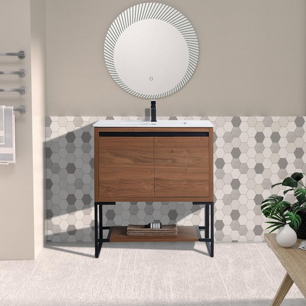 FUNKOL 30 in. W x 18 in. D x 35 in. H Bath Vanity in Brown with White Ceramic Top