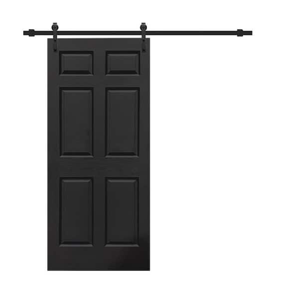 CALHOME 30 in. x 80 in. Black Painted Composite MDF 6-Panel Interior Sliding Barn Door with Hardware Kit