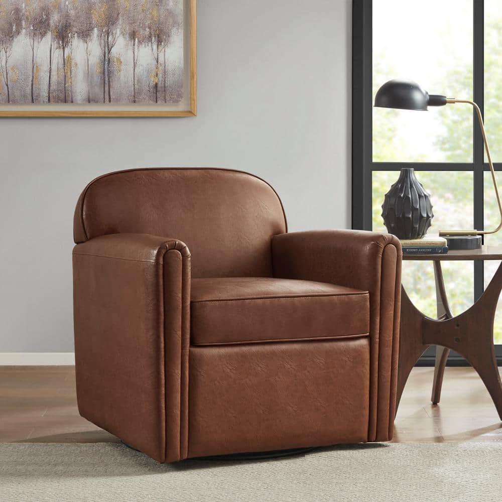 Brown Faux Leather Swivel Accent Chair with Manufactured Wood