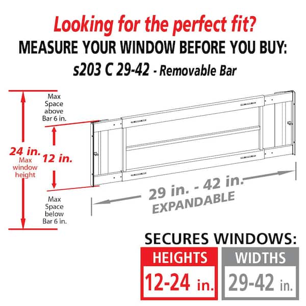 Removable 29 in. to 42 in. Adjustable Width 3-Bar Window Guard, White