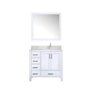 Jacques 36 in. W x 22 in. D Right Offset White Bath Vanity, Carrara Marble Top, Faucet Set, and 34 in. Mirror