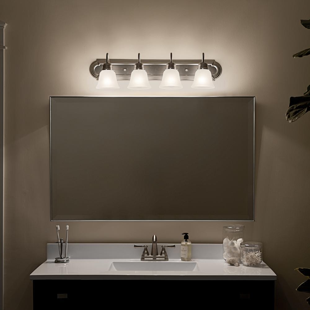 Brushed Nickel 30" 4-Light Vanity Light with White Bell Shades