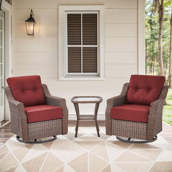 Artisan Brown 3-Piece Wicker Swivel Rocker Patio Conversation Set with 6 in. Thick Red Cushions and Side Table