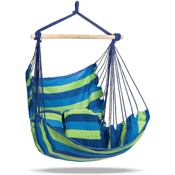 47 in. Portable Hanging Rope Hammock Chair Swing with 2 Matching Pillows in Blue & Green