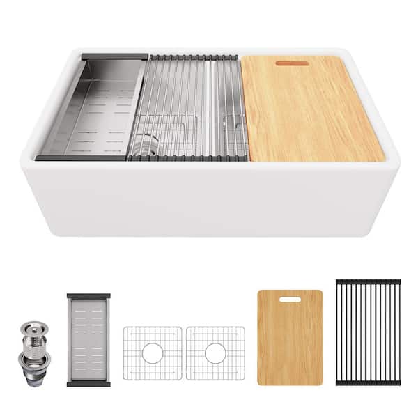 Derbyshire 33 in. W x 20 in. D Ceramic Double Bowl Farmhouse Apron Workstation Kitchen Sink with Accessories