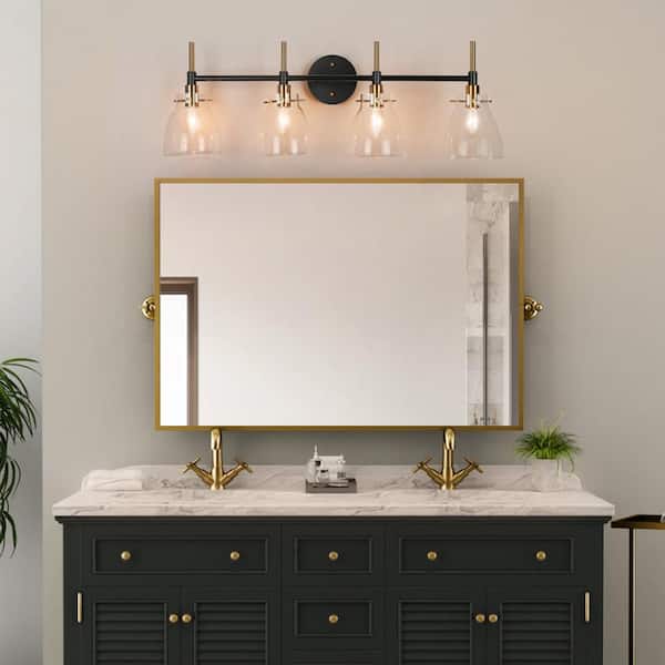 30 in. 4-Light Brass Gold Vanity Light for Bathroom, Modern Black Wall Sconce Lighting with Bell Clear Glass Shades