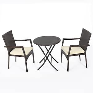 Brown 3 -Piece Wicker Rattan Outdoor Bistro Sets with Beige Cushions