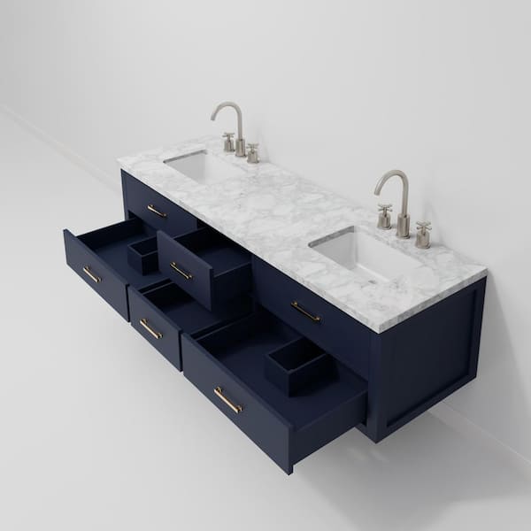 Lexora Sherman 72 in W x 22 in D Blue Double Bath Vanity, Carrara