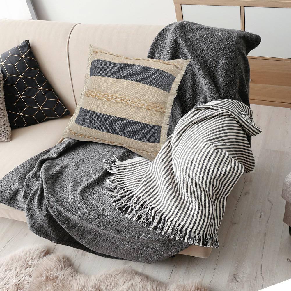 Denim and Tan Coastal Striped Jute Throw Pillow, 20" Square
