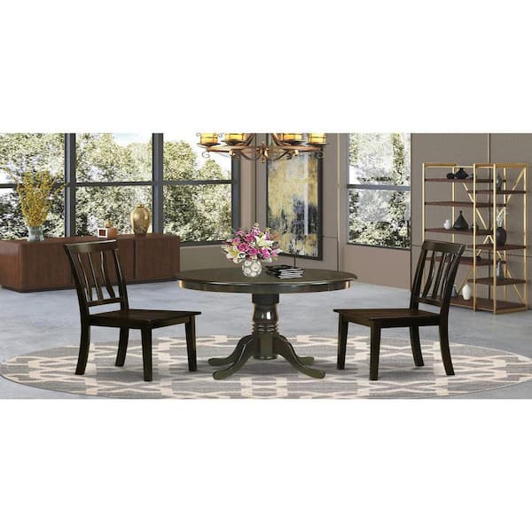 East West Furniture 3-Piece Round Cappuccino Finish Solid Wood Top Dining Table with 2-Chairs with Lattice Back