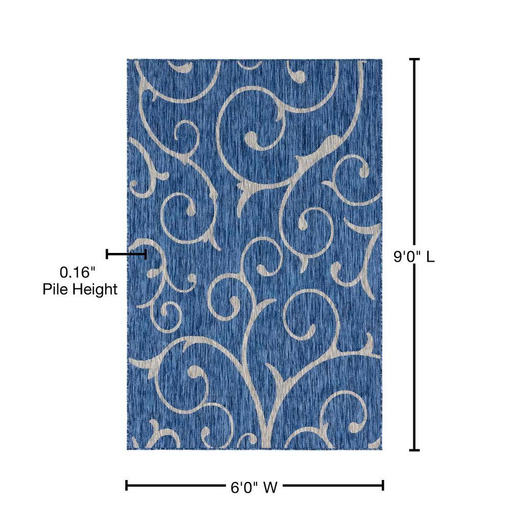 Azure Blue and White Rectangular Synthetic Outdoor Rug, 6' x 9'