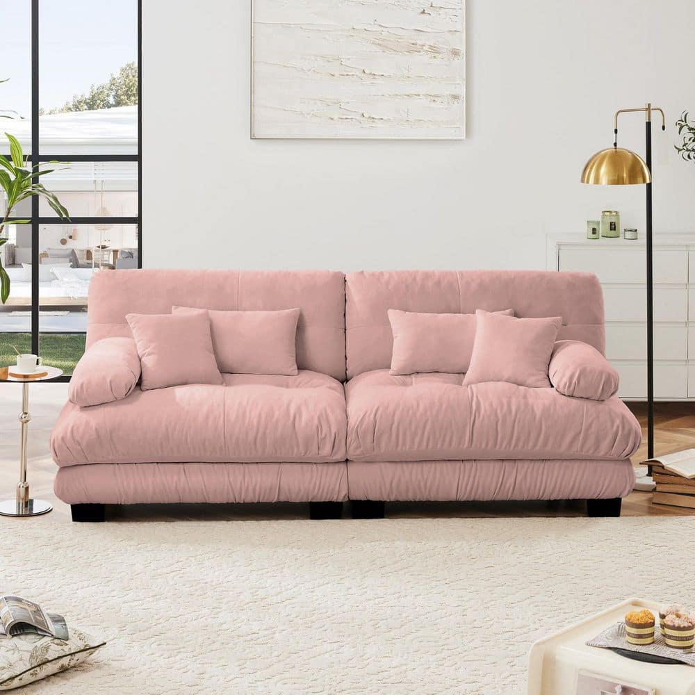 Ronald 94.4 in. Chenille Upholstered Rectangle Sectional Sofa in. Pink with 2 Lumbar Pillows, 2 Throw Pillows