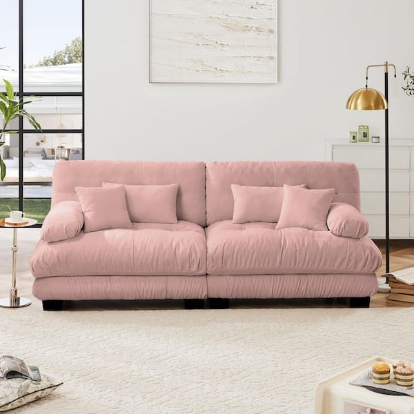 Ronald 94.4 in. Chenille Upholstered Rectangle Sectional Sofa in. Pink with 2 Lumbar Pillows, 2 Throw Pillows