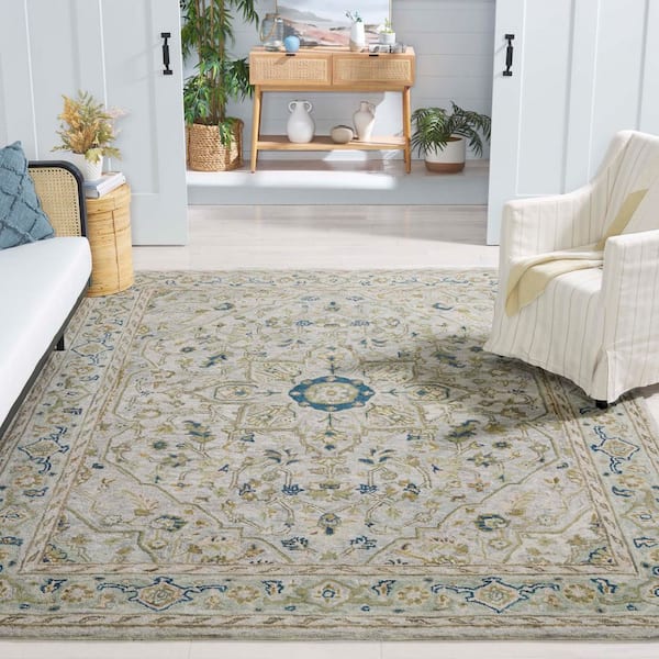 Heritage Ivory/Blue 8 ft. x 10 ft. Border Floral Area Rug