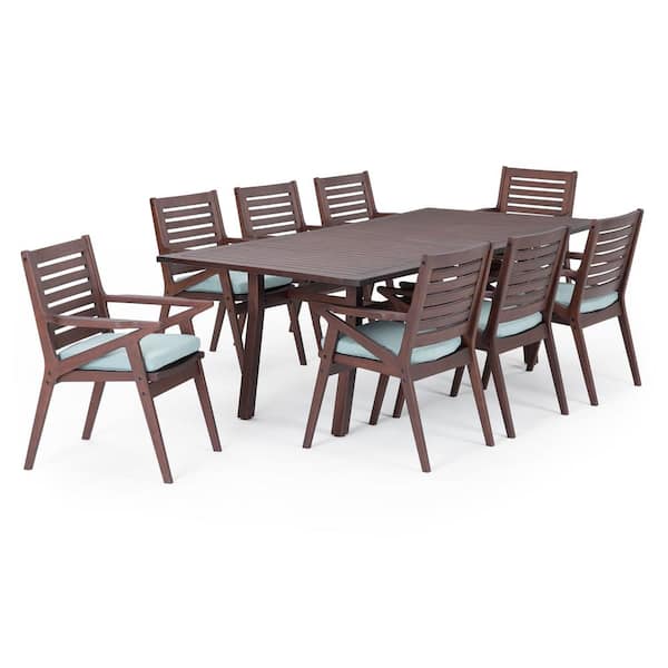 RST BRANDS Vaughn Wood Outdoor 9-Piece Dining Set with Bliss Blue Cushions