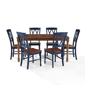 Shelby 7-Piece Rectangular Dark Cherry and Navy Wood Top Dining Table Set Seats 6