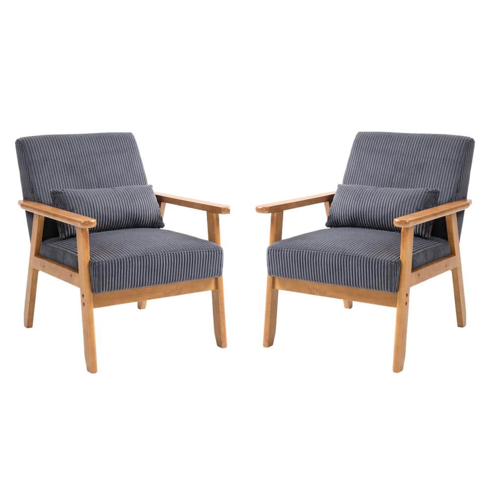 Dark Gray Corduroy Accent Armchair Set of 2 with Solid Wood Armrest Rubber 