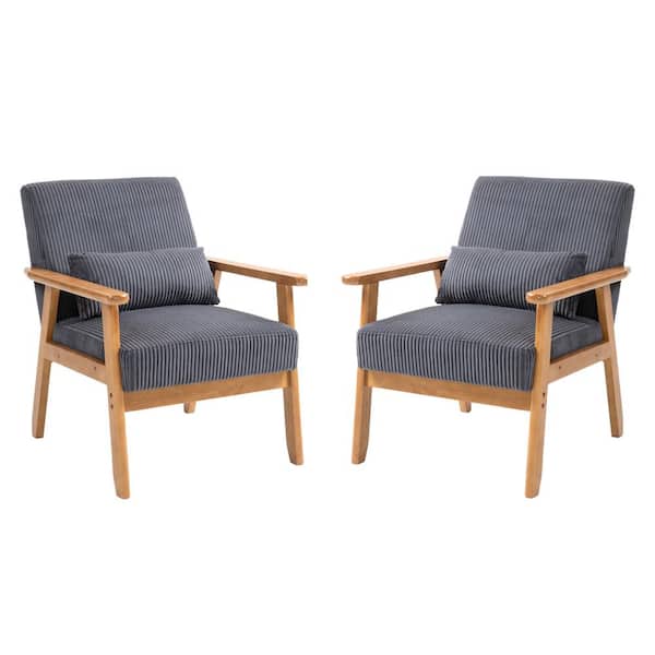 CSC DECOR INC Dark Gray Corduroy Accent Armchair Set of 2 with Solid Wood Armrest Rubber Wood Leg Leisure Chair Side Chair with Pillow