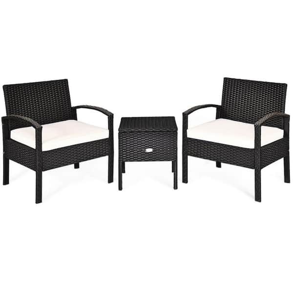 Clihome 3-Piece PE Rattan Wicker Patio Conversation Sofa Set with White Washable and Removable Cushion for Patio