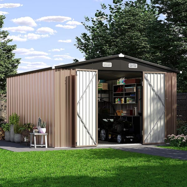 10 ft. W x 12 ft. D Outdoor Storage Metal Shed with Floor Foundation, Lockable Door and Vents, Brown (120 sq. ft.)