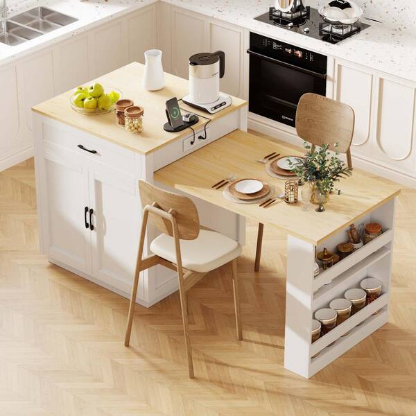 Lycvki White Wood Kitchen Island with Extendable Dining
