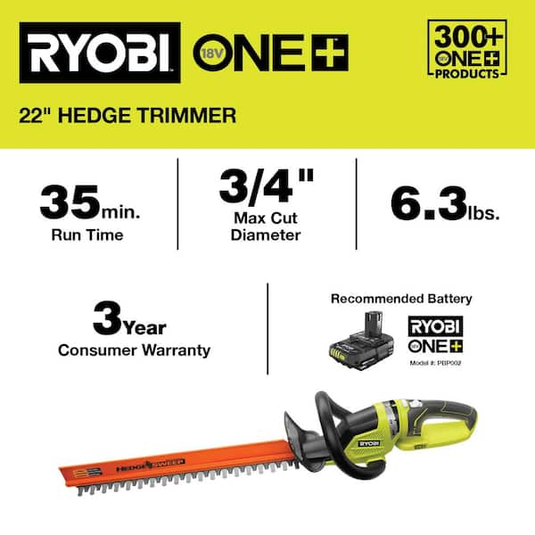 RYOBI ONE 18V 22 in. Cordless Battery Hedge Trimmer with 1.5 Ah