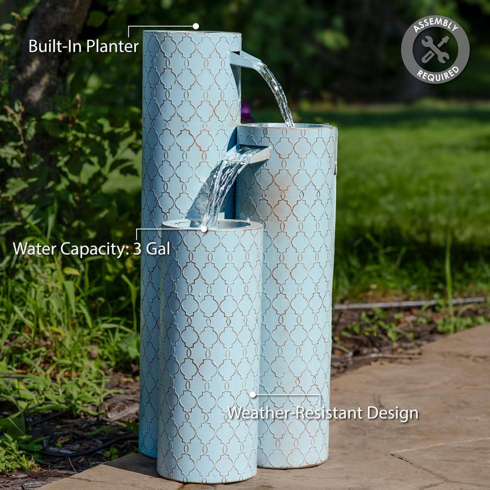 Moroccan Trellis Blue Zinc 3-Column Outdoor Water Fountain