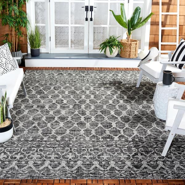 Courtyard Black/Gray 8 ft. x 11 ft. Distressed Border Trellis Indoor/Outdoor Area Rug