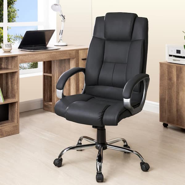 Luxuriously Padded High Back Black Leather Executive Office Chair with Lumbar  Support