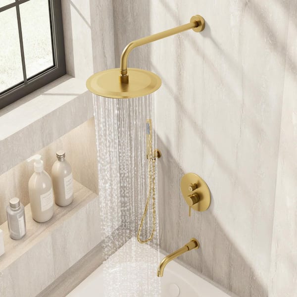 Double Handles 3-Spray 2.5 GPM Wall Mount 10 in. Shower Head Tub and Shower Faucet in Brushed Gold (Valve Included)