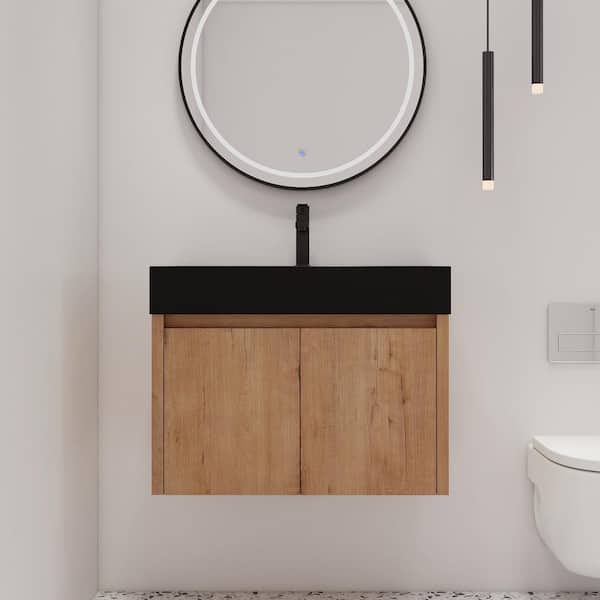 ARTCHIRLY 29.5 in. W x 18.1 in. D x 22.4 in. H Wall-Mounted Bath Vanity in Light Brown with Black Resin Vanity Top