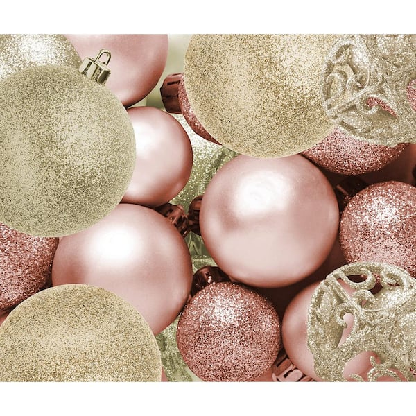 R N' D Toys 100 Rose Gold and White Gold Christmas Ornament Balls Shatterproof Plus 100 Metal Ornament Hooks