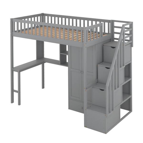 Harper & Bright Designs Gray Twin Wooden Loft Bed with Wardrobe, Drawer ...