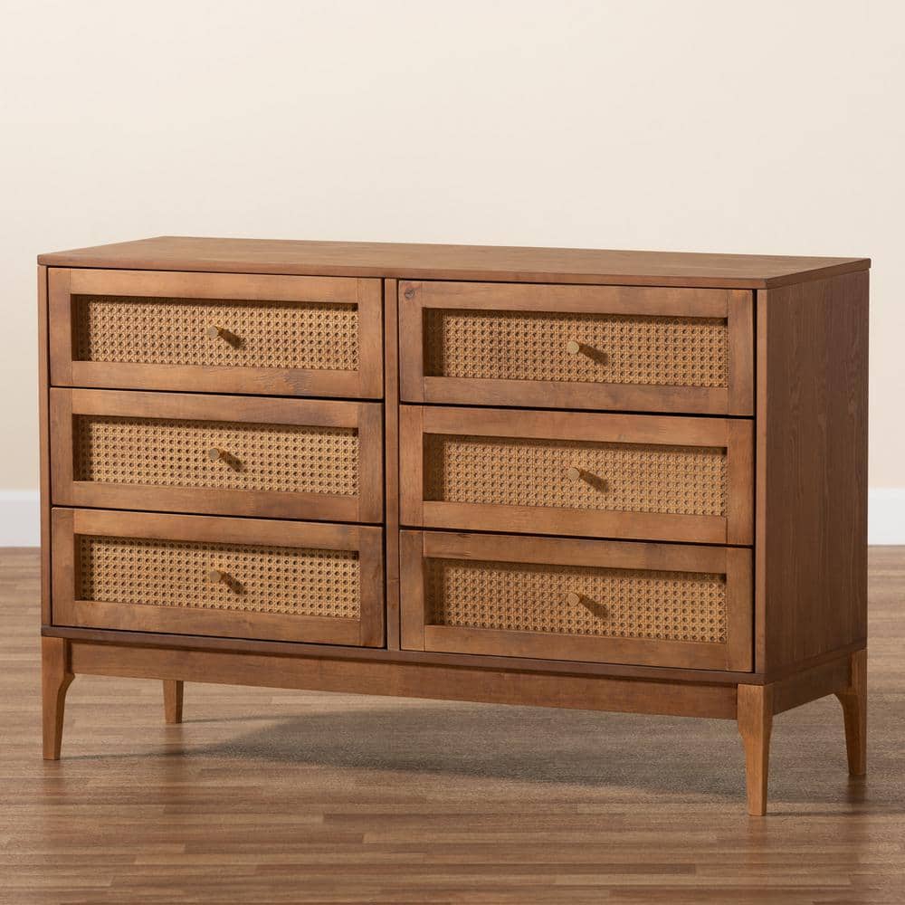 Ramiel Mid-Century Brown Ash Wood and Rattan 6-Drawer Dresser
