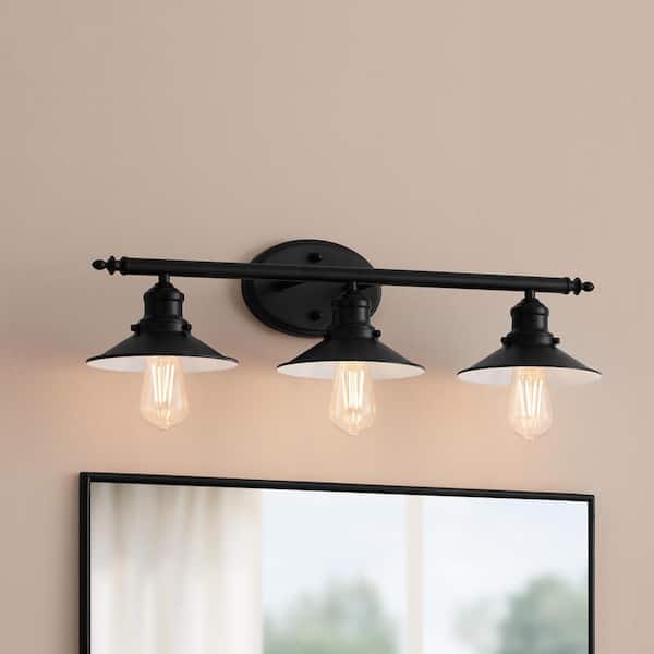 Hampton Bay Glenhurst 25 in. 3-Light Industrial Farmhouse Black Bathroom Vanity Light Fixture with Metal Shades