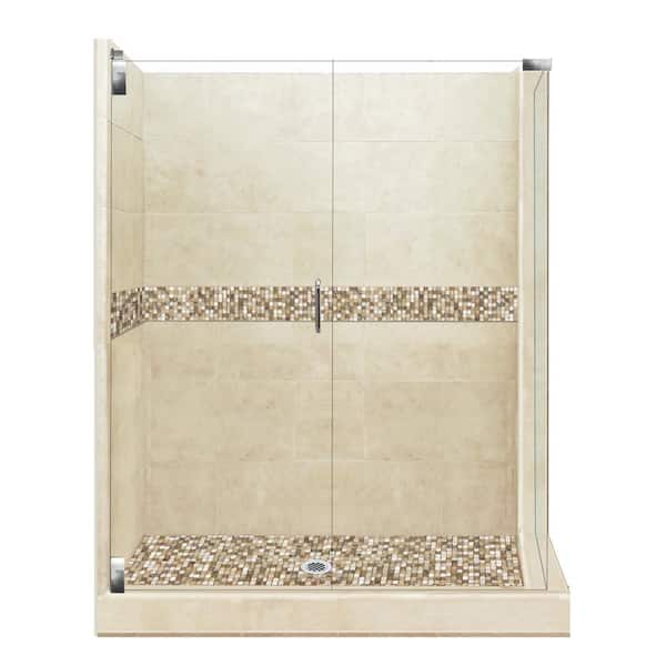 American Bath Factory Roma Grand Hinged 42 in. x 48 in. x 80 in. Left-Hand Corner Shower Kit in Brown Sugar and Satin Nickel Hardware