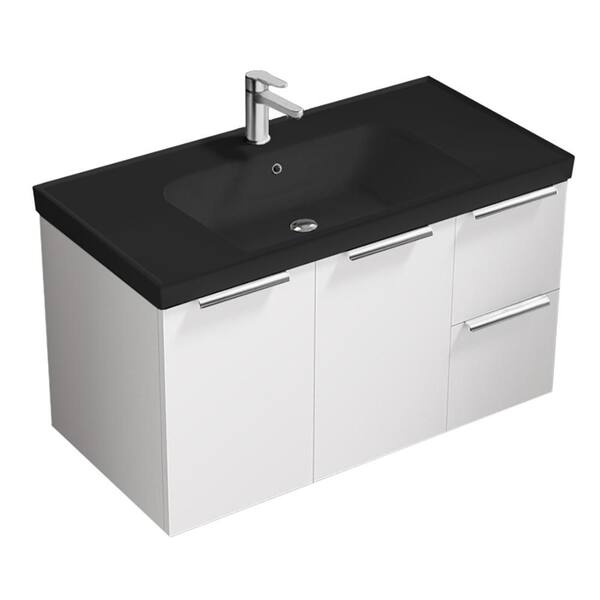 Frame 35.4 in. Modern Freestanding Bath Vanity in Glossy White with Matte Black Ceramic Top