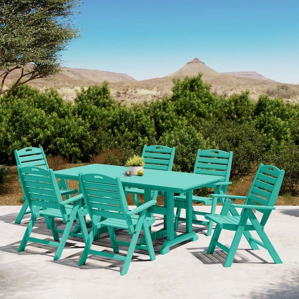 Laguna Outdoor All Weather HDPE Plastic 7-Piece Highback Folding Chairs, Rectangle Table Patio Dining Set, Turquoise