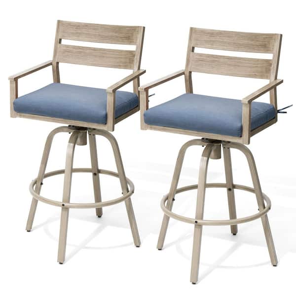 Pellebant Swivel Aluminum Wood Grain Frame Outdoor Bar Stool with Spectrum Denim Blue Sunbrella Cushions (2-Pack)