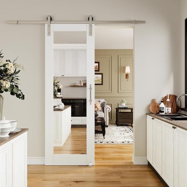 ARK DESIGN 28 in. x 80 in. 1-Lite Mirrored Glass White Primed MDF Sliding Barn Door with Hardware Kit Nickel Plated