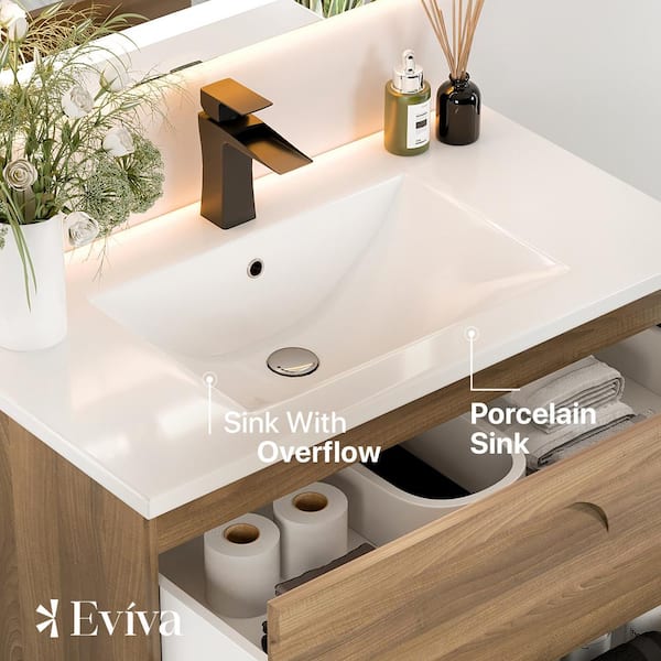 Eviva Joy 36 in. W x 18 in. D x 20.5 in. H Floating Bathroom Vanity in Graywood with White Porcelain Top with White Sink