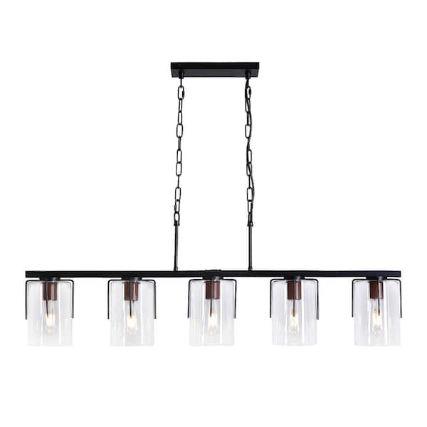 Adjustable Height 18-60 in. Black 5-Light Linear Chandelier Light with Clear Glass Cylinder Shade, E26 Bulb Not Included